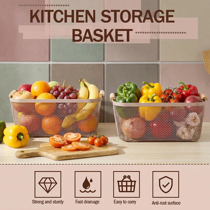 Mumufy 3 Pcs Metal Mesh Basket with Wooden Handles Wire Steel Organizer Bins Pantry Organizers Kitchen Baskets for Closet Cabinet Bathroom Fridge Food Snacks Organization (Warm Tapue,3 Sizes)