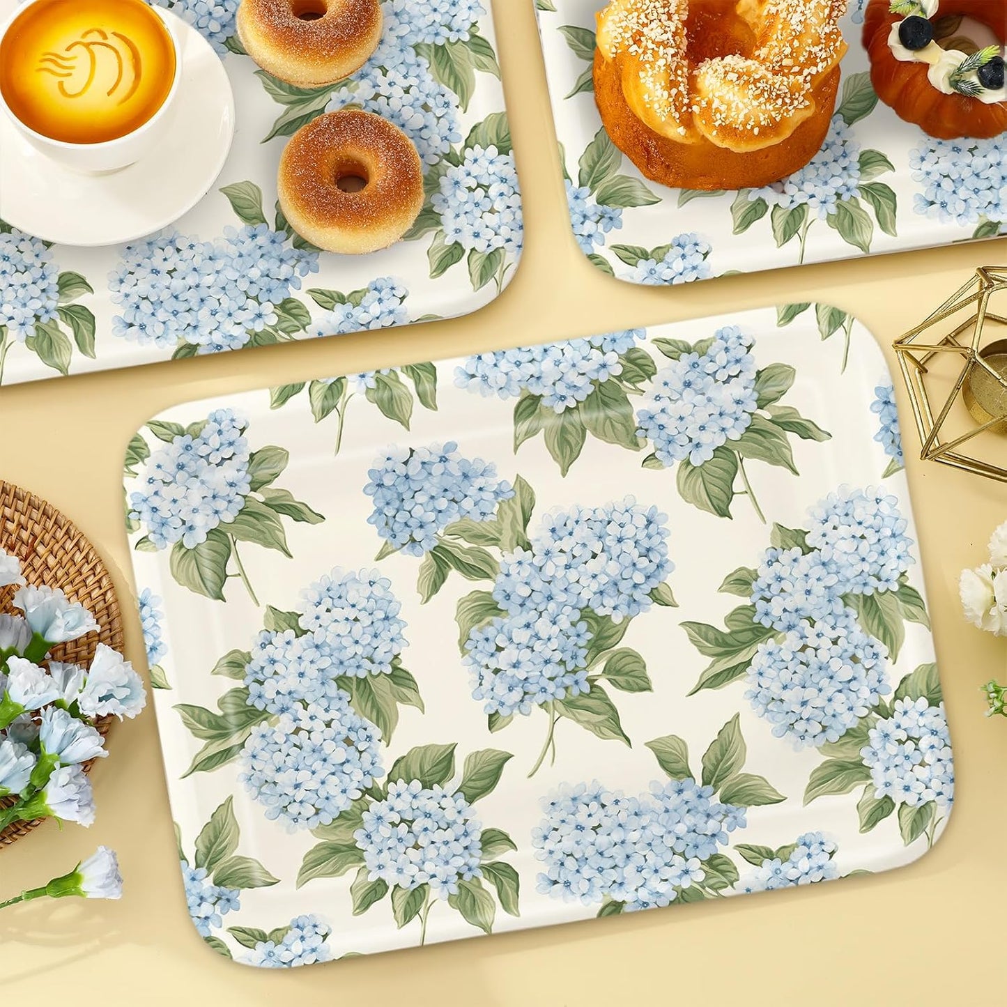 Whaline 3Pcs Hydrangea Flower Serving Trays Melamine Platter Spring Summer Floral Serving Dishes for Party Sharing Snack Fruit Dessert Supplies, 13 x 10 inch