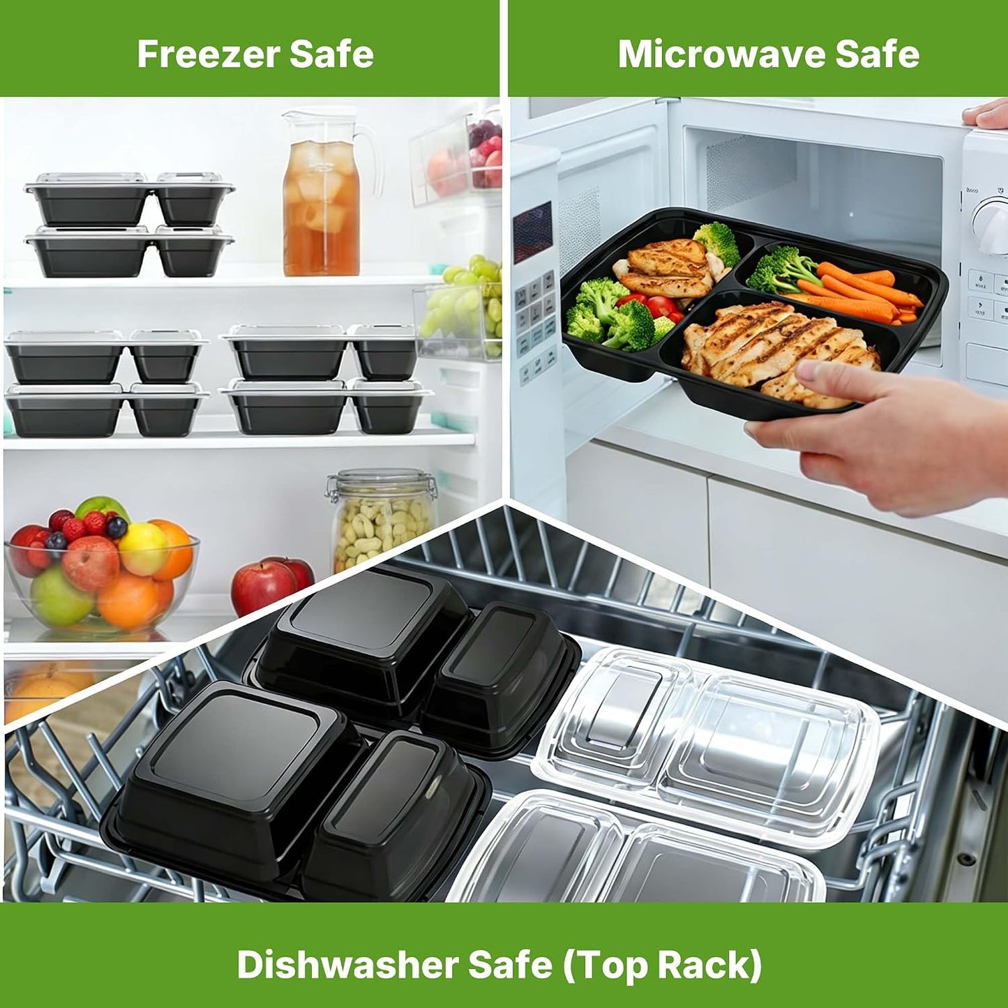 50 Pack (100-Piece) Meal Prep Containers with Lids, Reusable 2-Compartment Food Storage, Sturdy Leakproof, Food Safe, Microwave Freezer Dishwasher Safe, To-Go Takeout Plastic Containers – 60828