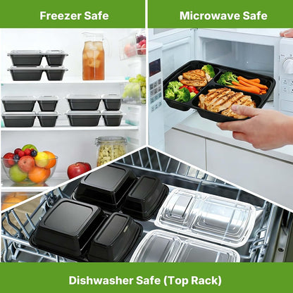 50 Pack (100-Piece) Meal Prep Containers with Lids, Reusable 2-Compartment Food Storage, Sturdy Leakproof, Food Safe, Microwave Freezer Dishwasher Safe, To-Go Takeout Plastic Containers – 60828