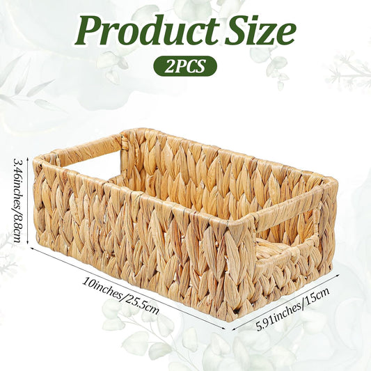 Water Hyacinth Baskets for Shelves Rattan Woven Basket Storage Organizer Bins with Built-in Handles Decorative Shallow Rectangle Pantry Organizers for Organizing Countertop Bathroom
