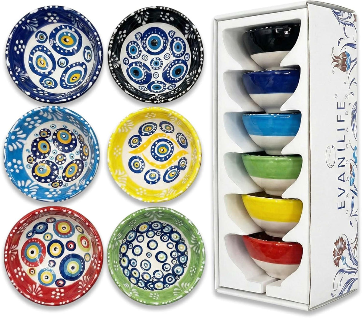 Ceramic Small Dipping Bowls Set of 6, 3.5 Oz Soy Sauce Dish, Handmade Charcuterie, Colorful Pinch, Dishwasher & Microwave Safe, 3.2'' Mini (SULTAN'S GARDEN)