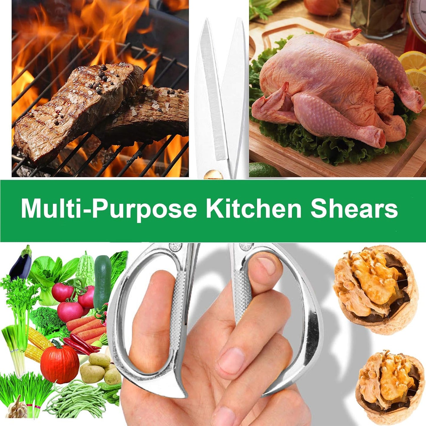 7.5in Stainless Steel Kitchen Scissors, Heavy Duty Shears for Chicken, Meat, Food, Vegetables, BBQ (Silver)