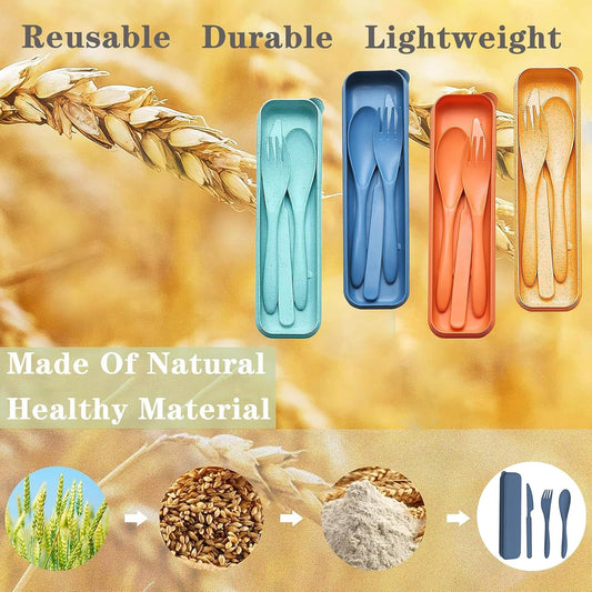 Reusable Travel Utensils with Case, Wheat Straw Portable Plastic Fork Spoons Knife Tableware, Eco-Friendly BPA Free Camping Cutlery for Lunch Box Accessories Work Picnic or Daily Use (Purple)