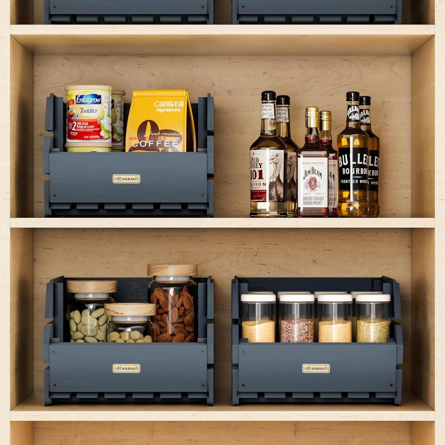 HABAU Wood Potato Onion Storage Bins - Wooden Stackable Produce Basket - Fruit Vegetable Storage for Kitchen Pantry Organization, Set 3 Pieces