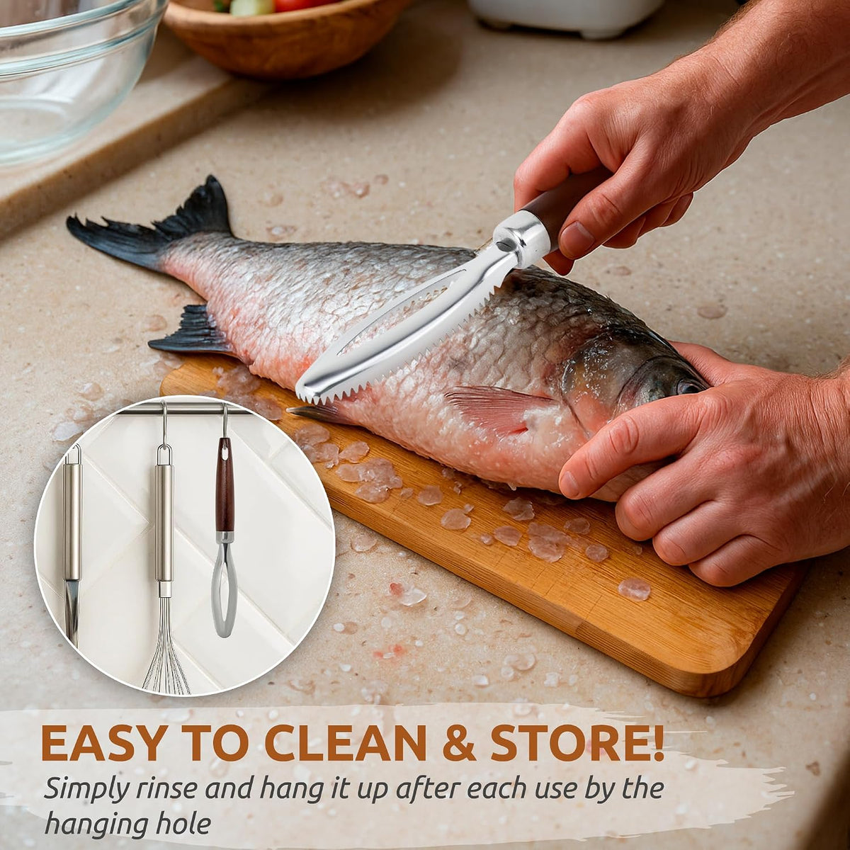 DUGATO Fish Scale Remover, Stainless Steel Scaler with Wood Handle