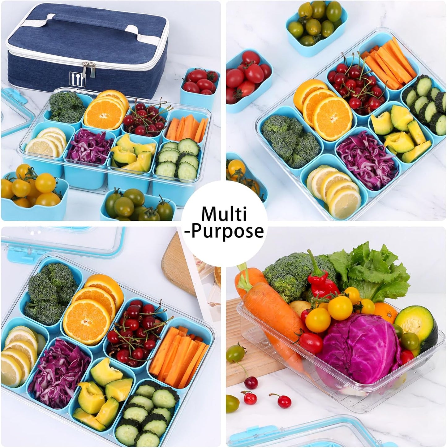 Snack Box Container with Insulated Cooler Bag, Divided Serving Tray with Lid and Handle Beach Essentials, Snackle Box Veggie Fruit Tray with 8 Compartments & 8 Forks & 2 Spoon