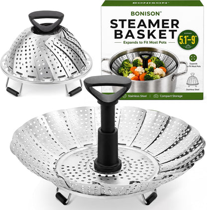 Steamer Basket for Pot, Stainless Steel Vegetable Steamer Basket for Cooking with Folding Expandable Design and Extendable Handle, Fits Various Size Pots, 5.1–9 Inch