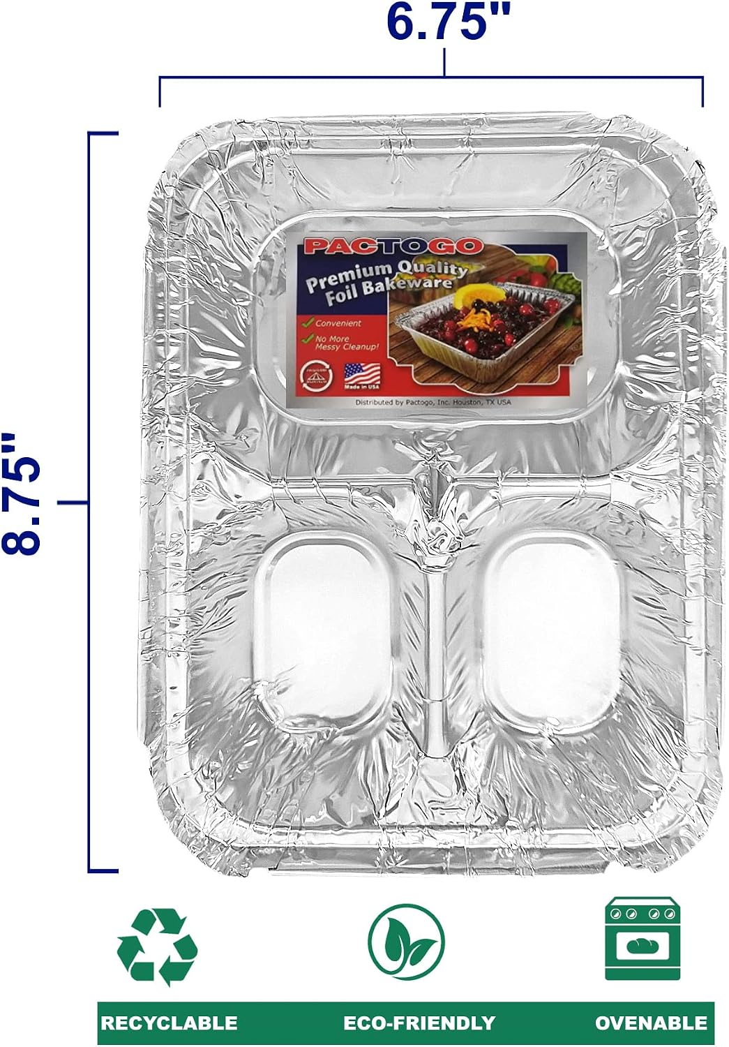 PACTOGO Aluminum Foil 3-Compartment TV Dinner Trays with Board Lid - 8x6 Disposable Tin Foil Pans for Baking, Meal Prep and Freezer, Takeout, Leftovers (Pack of 10 Sets)