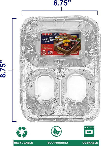 PACTOGO Aluminum Foil 3-Compartment TV Dinner Trays with Board Lid - 8x6 Disposable Tin Foil Pans for Baking, Meal Prep and Freezer, Takeout, Leftovers (Pack of 10 Sets)
