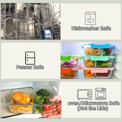 5 Pack 30oz Glass Meal Prep Containers - 2 Compartment Glass Food Storage Containers with Lids, Airtight Bento Boxes, Oven, Freezer & Dishwasher Safe