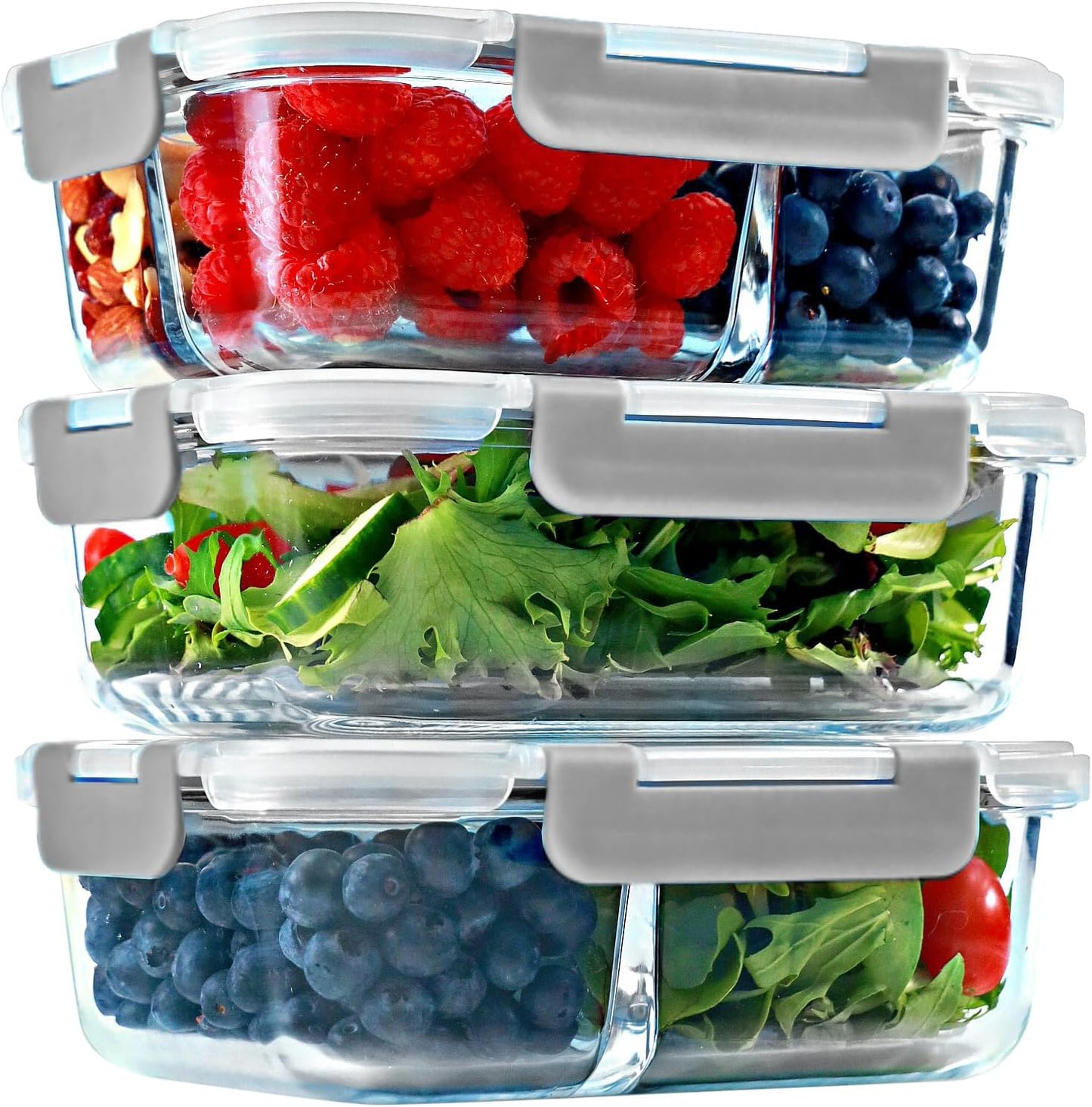FIT Strong & Healthy 2 and 3 Compartment Glass Meal Prep Containers – Glass Bento Box for Adults, Portion Control, Food Storage, Lunch Container, Oven & Freezer Safe, Leak-Proof, 32 oz, Gray, 4 Pack