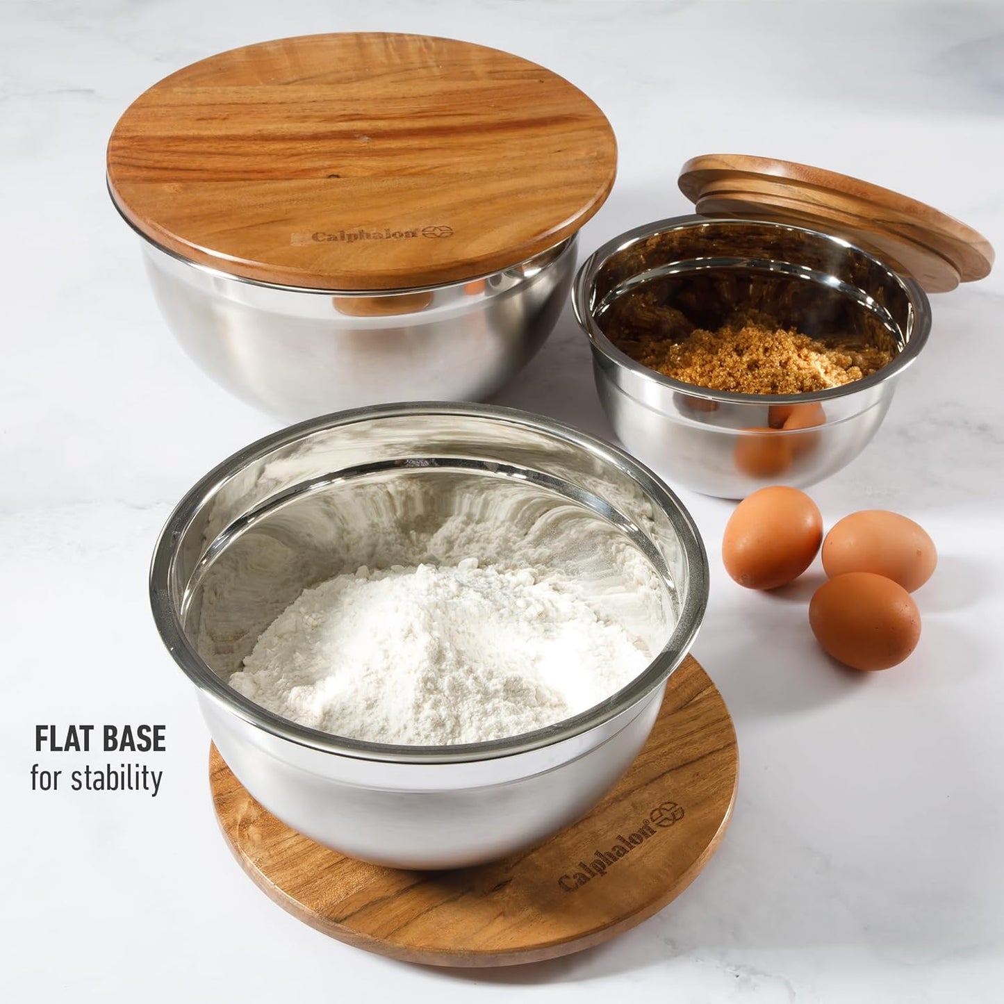 Calphalon Mixing Bowl Set, Stainless Steel Mixing Bowls With Lids, 3-Piece Stainless Steel Mixing Bowls with Glass Lids & Non-Slip Silicone Base, Prep and Storage Bowls Dishwasher Safe