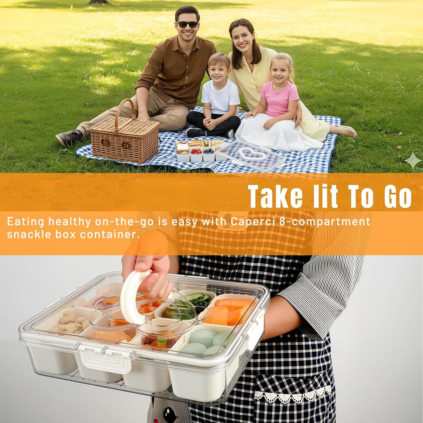 Portable Divided Snackle Box Serving Tray with Lid & Handle | Travel-friendly storage organizer. Multiple compartments for fruits, snacks, and sauces. Secure lid keeps food fresh.