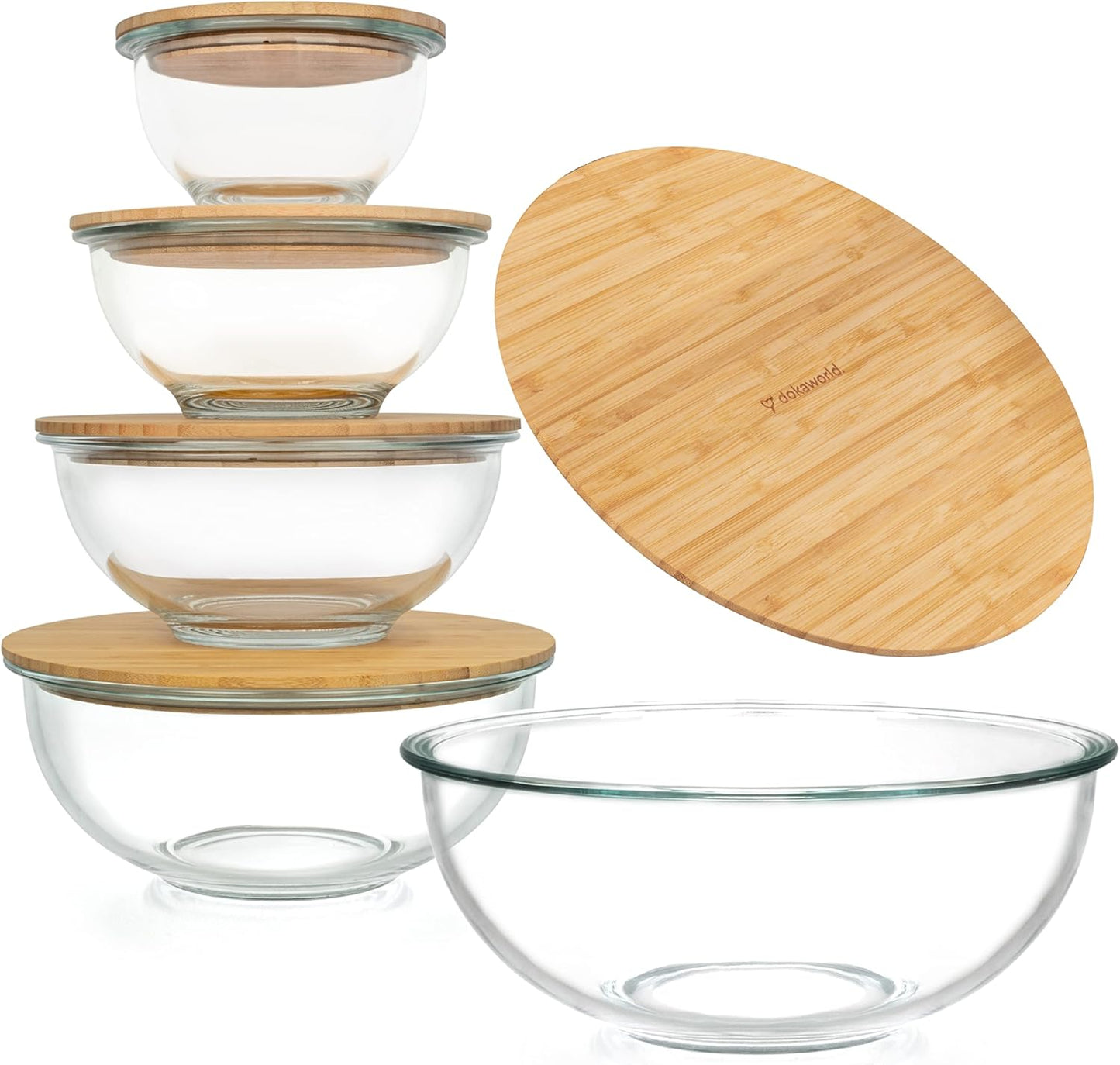 Set of 4 Stackable Space-Saving Nesting Glass Bowls with Airtight Acacia Lids for Lunch, Meal & Food Prep - Microwave & Oven-ready BPA Free Durable Heat Resistant Inert Borosilicate Glass