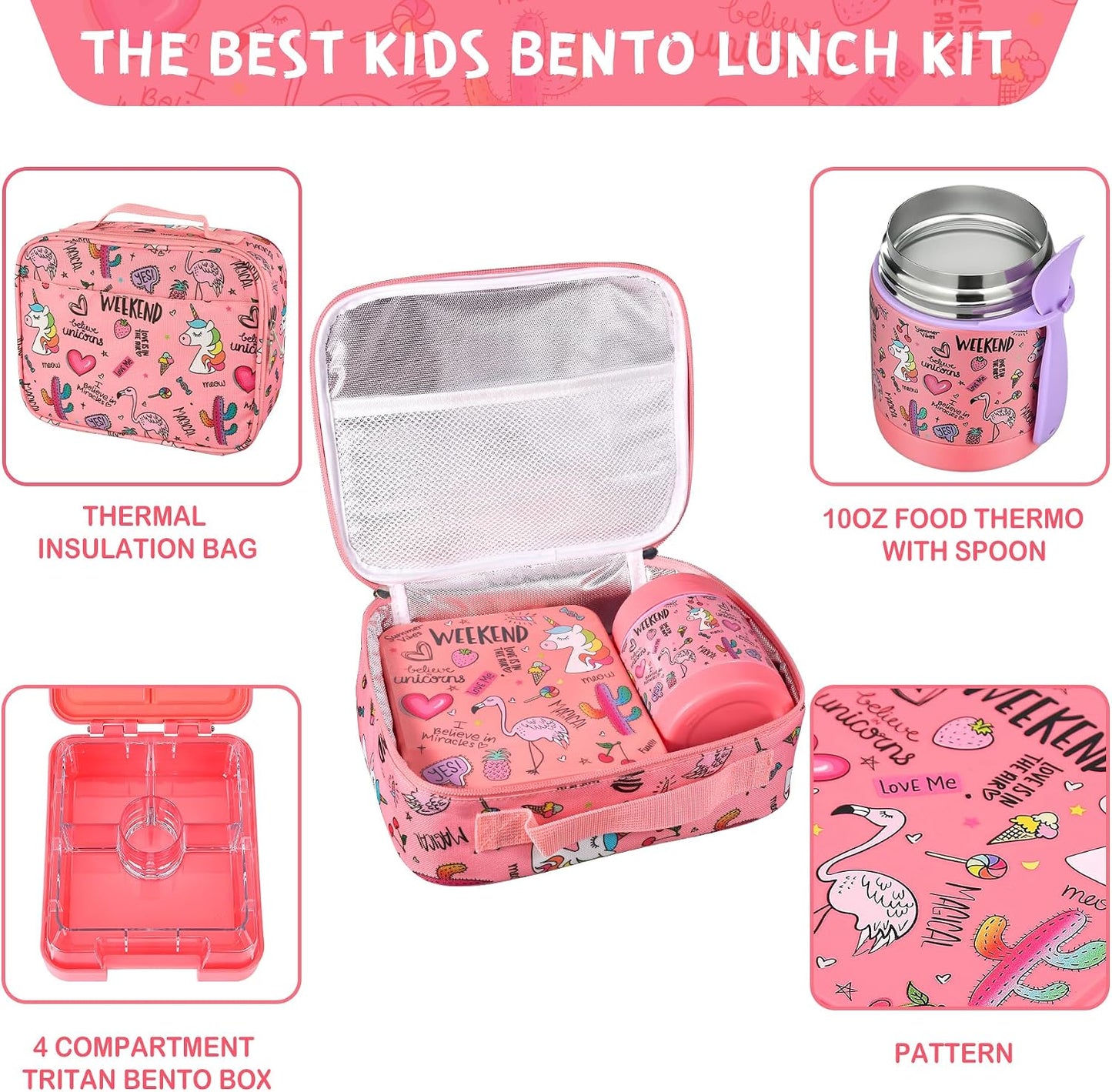 Pawtong Bento Lunch Box Set With 10oz Soup Thermo, Leak-proof Lunch Containers with 4 Compartment, Kids Hot Thermo Food Jar/Insulation Lunch Bag, Food Containers for School（Dinosaur）