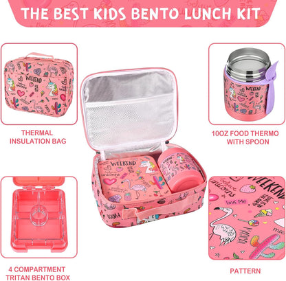 Pawtong Bento Lunch Box Set With 10oz Soup Thermo, Leak-proof Lunch Containers with 4 Compartment, Kids Hot Thermo Food Jar/Insulation Lunch Bag, Food Containers for School（Dinosaur）