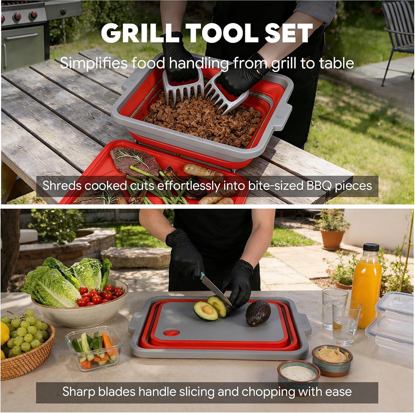 Feasto Collapsible BBQ Prep Tubs with Cutting Board, 9-IN-1, 2 Tubs Portable Grill Prep Station with Side Brackets, Lids, Knives, Meat Claws and Drain Rack, Space-Saving for Kitchen & Camping, Black