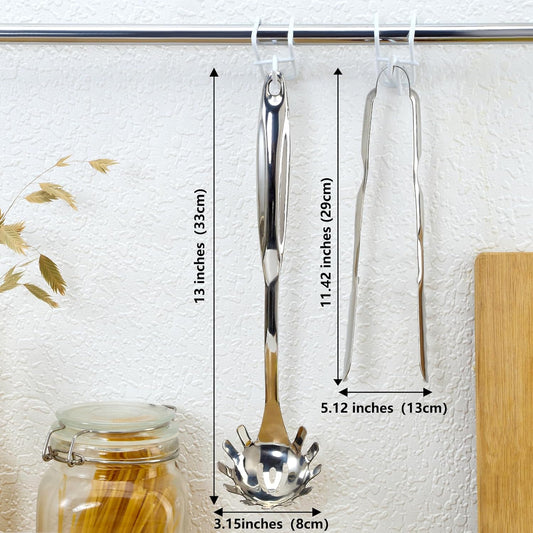 Pleafind Spaghetti Spoon and Spaghetti Tong 2-Piece Set, 13-Inch Non-Stick Spaghetti Fork and 11.4-Inch Kitchen Tong, Easy Storage and Cleanup, Ergonomic Design, Stainless Steel