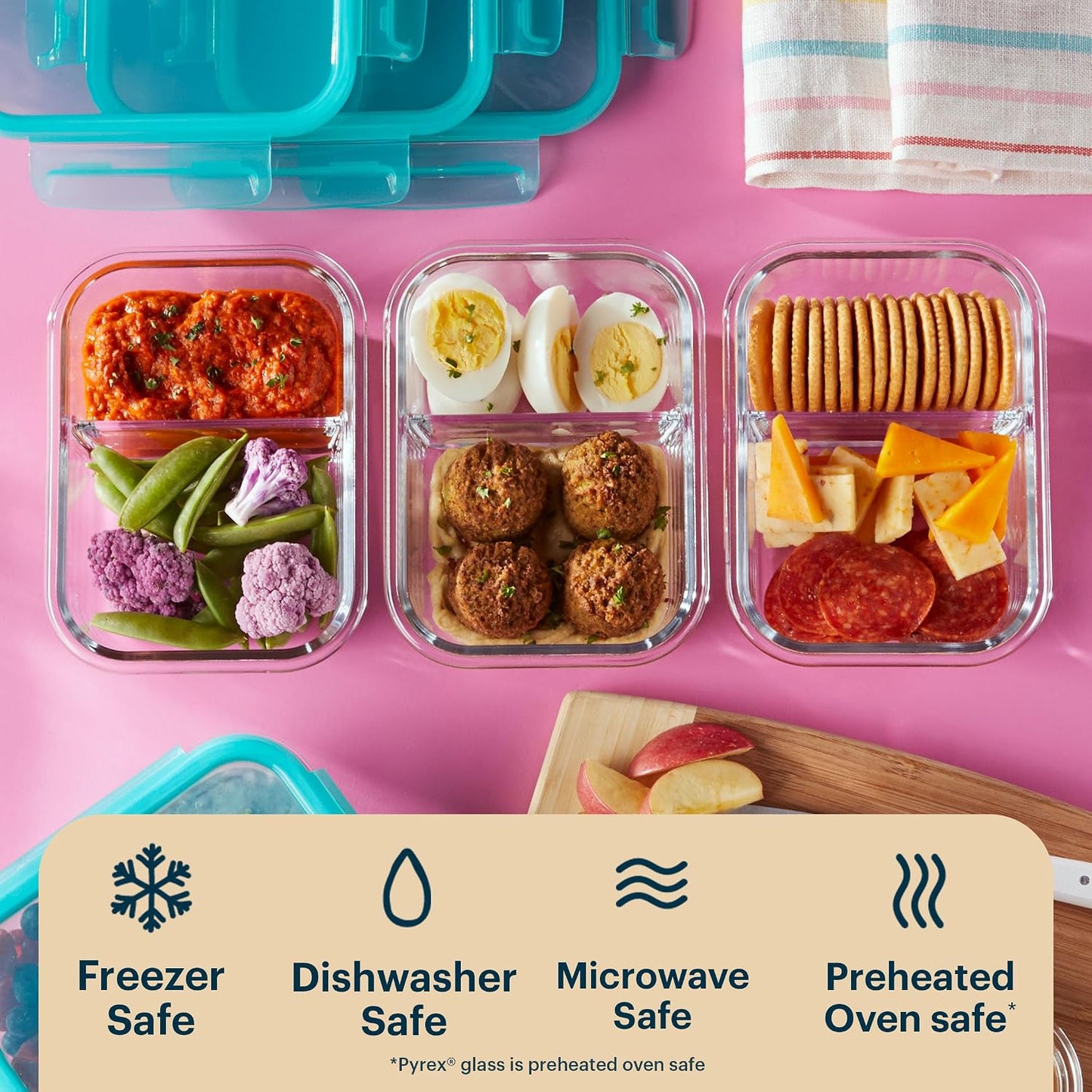 Pyrex Glass Meal Box (5-Pack, 2.3 Cup) Divided Compartments with Locking Lids, For Meal Prepping and Portioning, BPA Free Microwave Dishwasher Safe