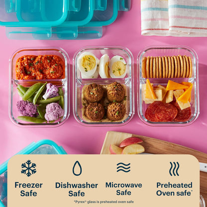 Pyrex Glass Meal Box (5-Pack, 2.3 Cup) Divided Compartments with Locking Lids, For Meal Prepping and Portioning, BPA Free Microwave Dishwasher Safe