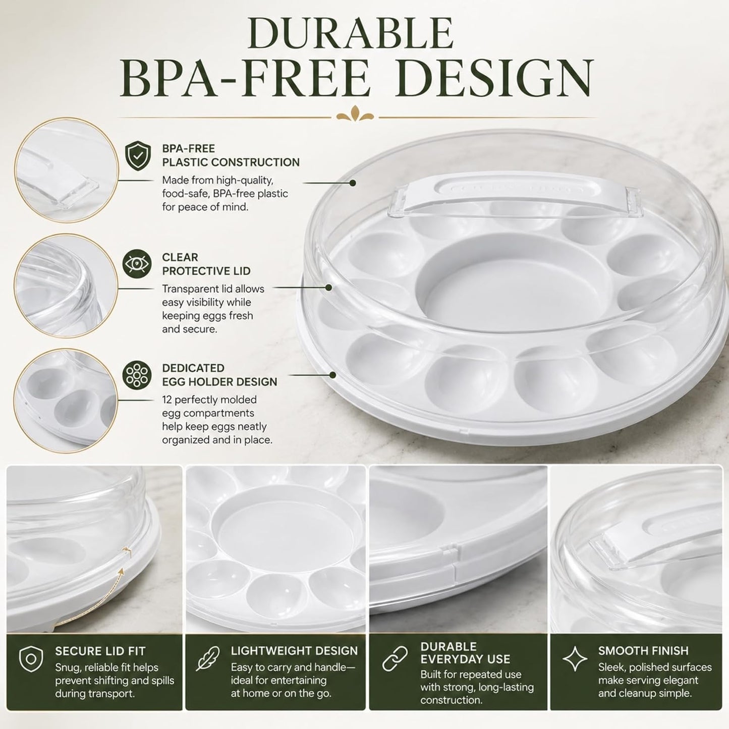 Deviled Egg Carrier Tray with Lid, 10.375x3.5 in. BPA Free Covered Serving Platter with Handle, Hold 12 Eggs, Portable Egg Storage Container for Parties Potlucks Picnics Entertaining Food Transport