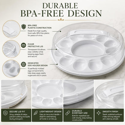 Deviled Egg Carrier Tray with Lid, 10.375x3.5 in. BPA Free Covered Serving Platter with Handle, Hold 12 Eggs, Portable Egg Storage Container for Parties Potlucks Picnics Entertaining Food Transport