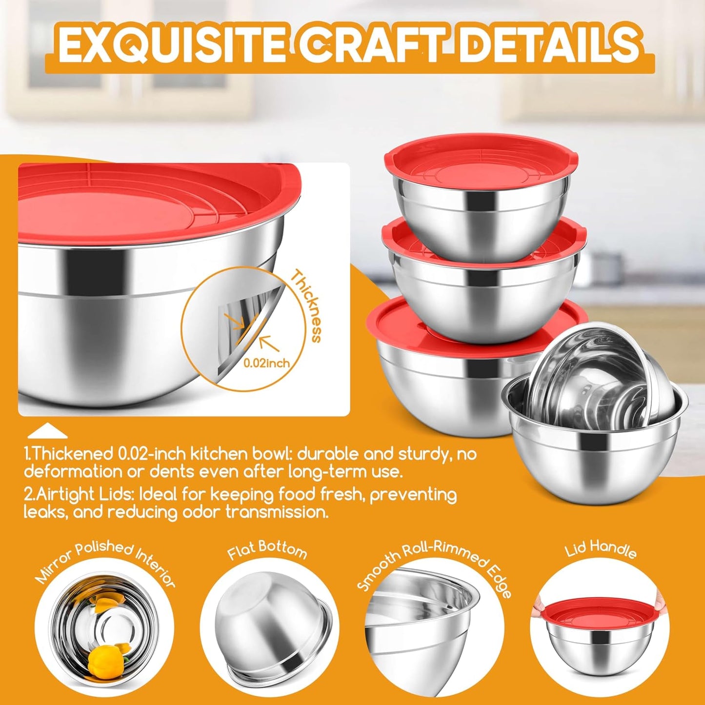 Herogo 5-Piece Mixing Bowls with Airtight Lids, 3 Grater Attachments, Stainless Steel Salad Serving Bowls for Kitchen, Size 4.6, 3.5, 2.5, 2, 1.5QT Ideal for Prepping & Cooking, Black