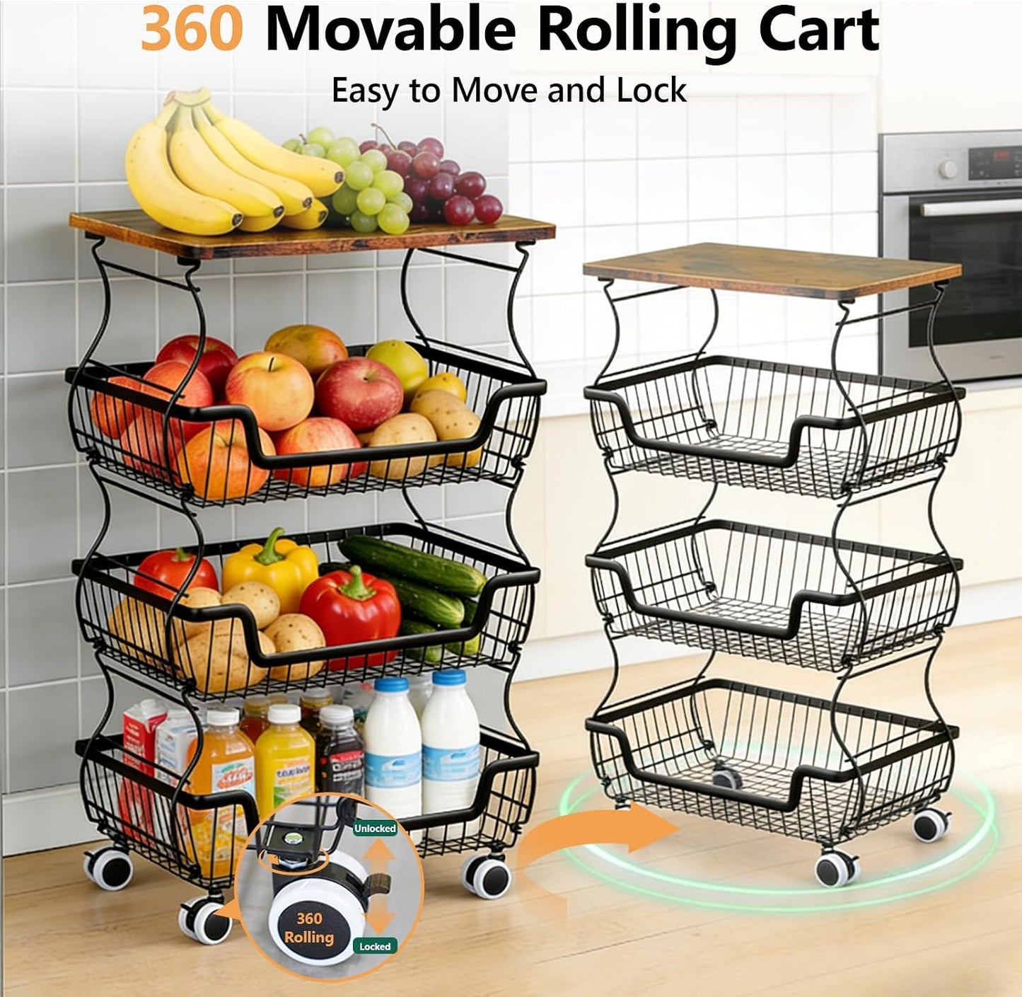 2 Pack 3-Tier Rolling Kitchen Storage Cart Fruit Basket Stand for Vegetables & Snacks Stackable Wire Pantry Floor Organizer with Wheels for Kitchen, Living Room, Bedroom, Office (Black)