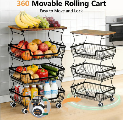 2 Pack 3-Tier Rolling Kitchen Storage Cart Fruit Basket Stand for Vegetables & Snacks Stackable Wire Pantry Floor Organizer with Wheels for Kitchen, Living Room, Bedroom, Office (Black)