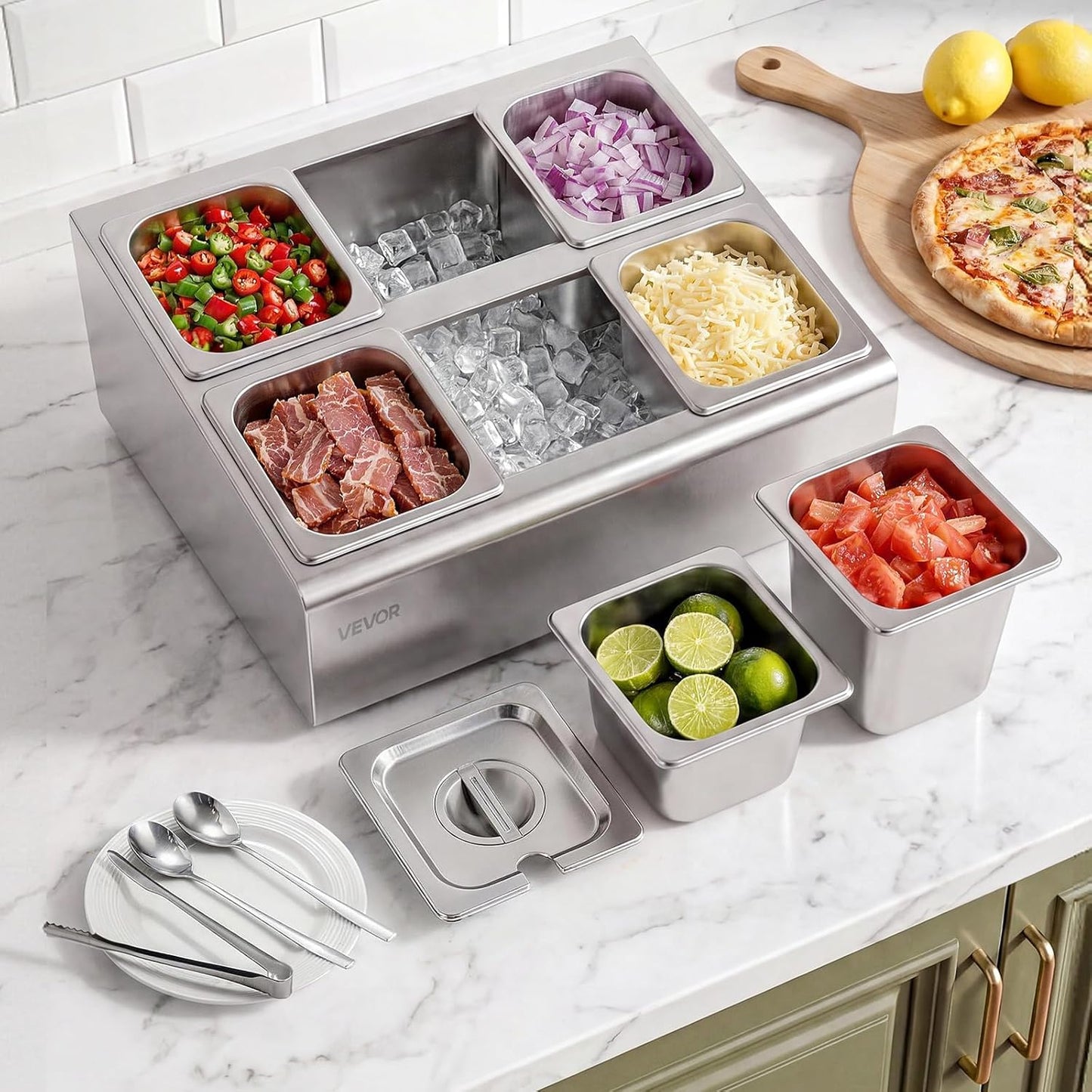 VEVOR Chilled Condiment Server Caddy, 5 Compartment Ice Cooled Serving Container, Plastic Fruit Garnish Tray Platter with Lid, for Taco Salad Bar Accessories, Party Home Restaurant Supplies