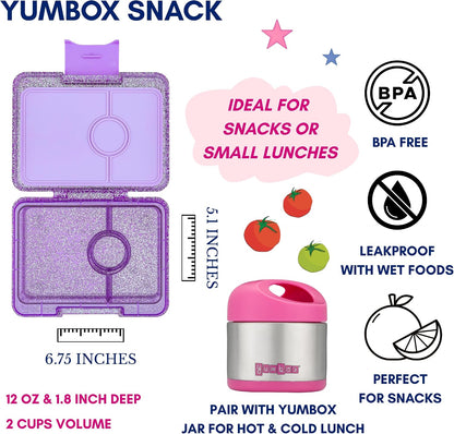 Yumbox Snack Box, 3 Compartments, Leakproof, Glitter Blue | Built-In Dip Well | Removable Compartment Tray | Easy-Open Single Latch | Lightweight & Compact | Perfect for Snacks & Sides