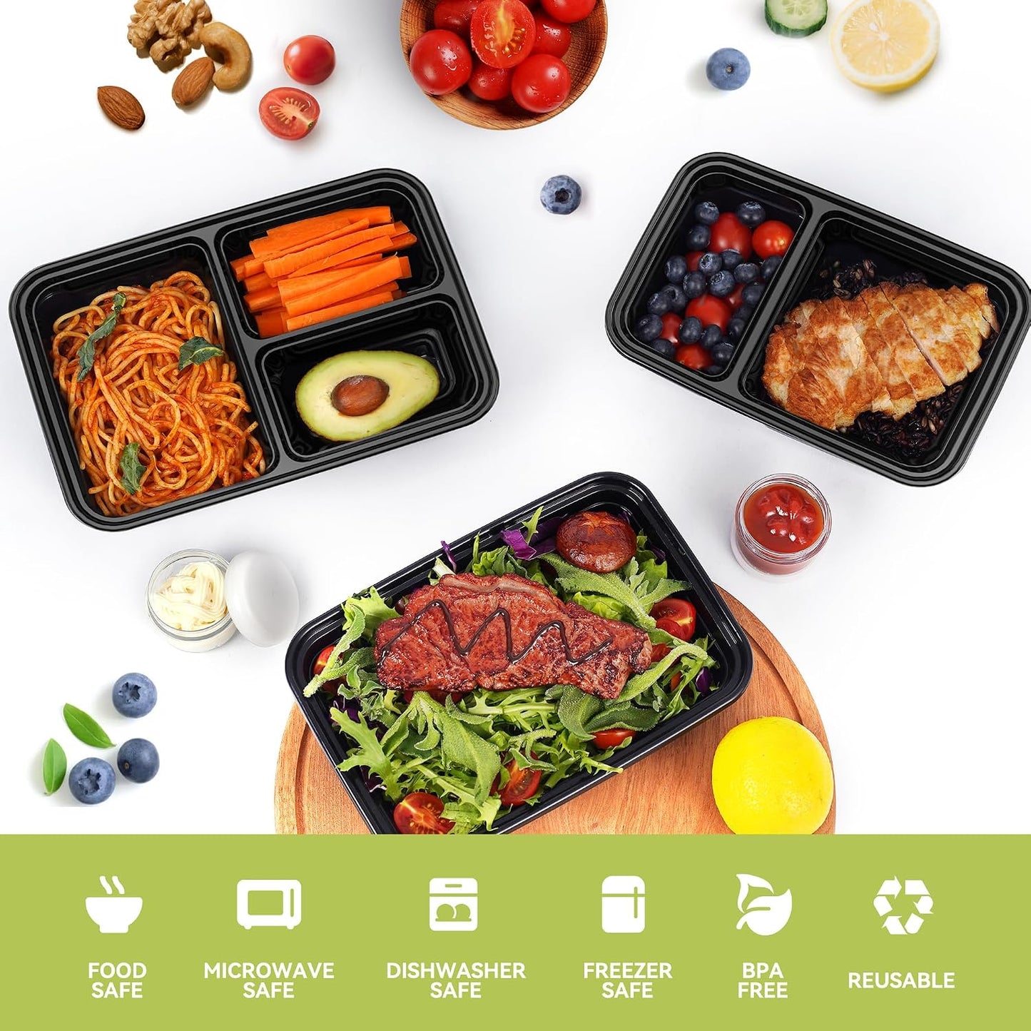 LISI 100-Piece Meal Prep Containers, 33oz Large Food Storage Containers with lids with 1, 2, 3-Compartment, Freezer Safe To-Go/Take-Out Boxes, Includes 5-Pack 2oz Dressing Cups for Take Out
