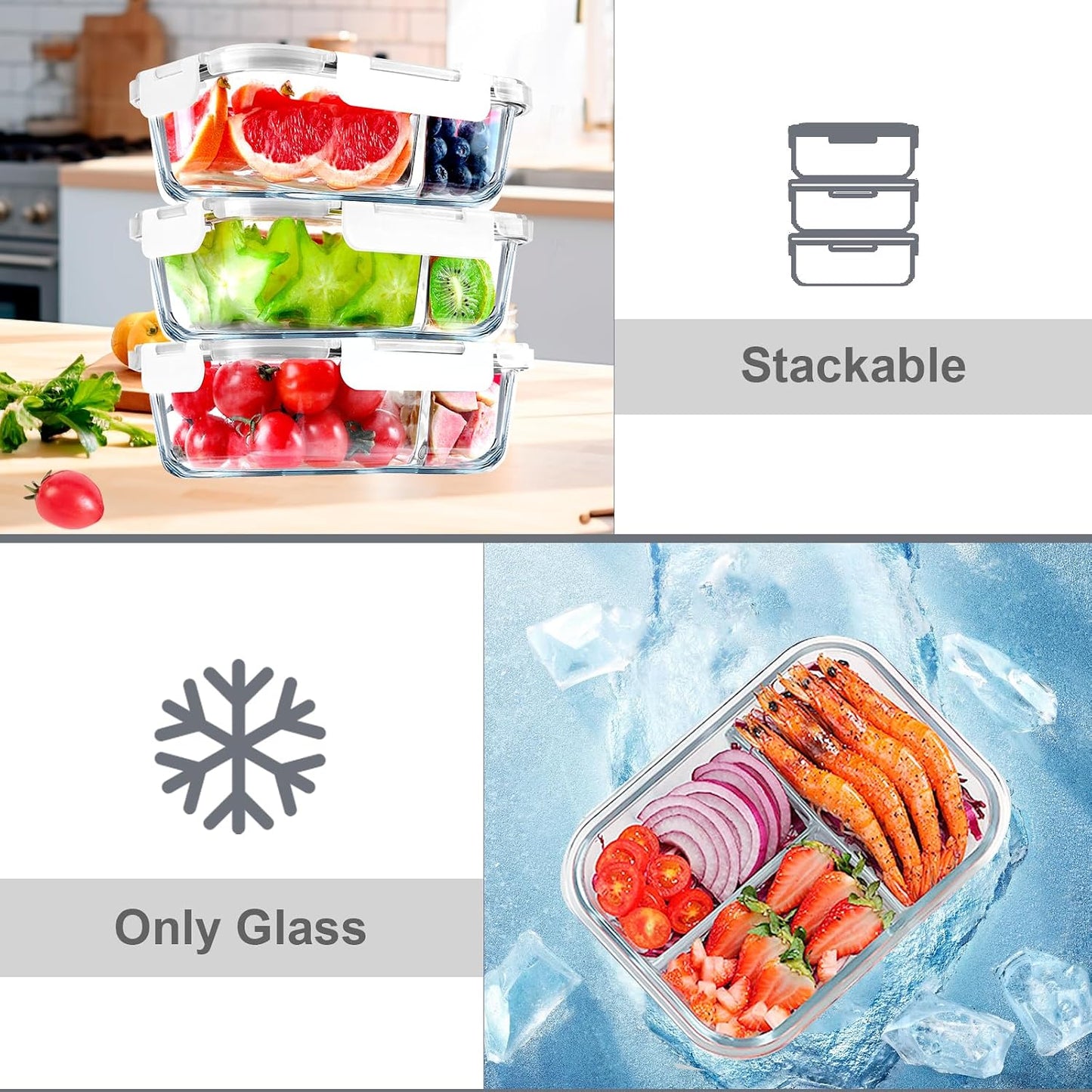 VERONES 5 Pack Glass Meal Prep Containers 3 Compartment Set, 36OZ Airtight Glass Lunch Containers, Glass Food Storage Containers with Lids, for Microwave, Oven, Freezer & Dishwasher Friendly,Green