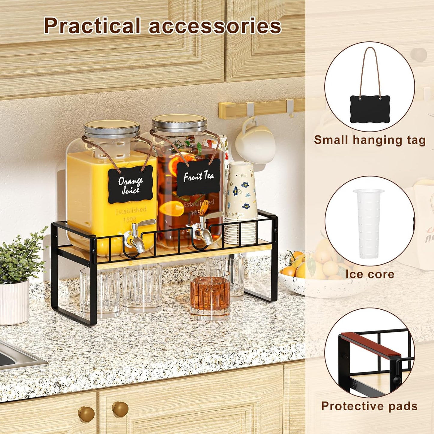 2-pack 1 Gallon Drink Dispenser,Glass Beverage Dispenser with Spigot,Lemonade dispenser Bamboo Stand for Outside, Glass Drink Dispensers for Parties with Ice Core