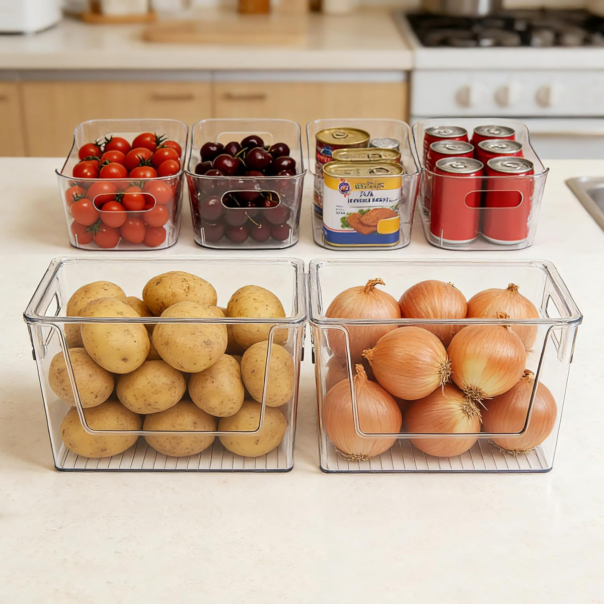Tiawudi Set of 6 Clear Plastic Storage Bins, 2 Large Stackable Oraganizer with Open Front & Lid, 4 Small Storage Container for Pantry Organization, Multi-Use Organizer Bins for Home, Kitchen, Cabinet