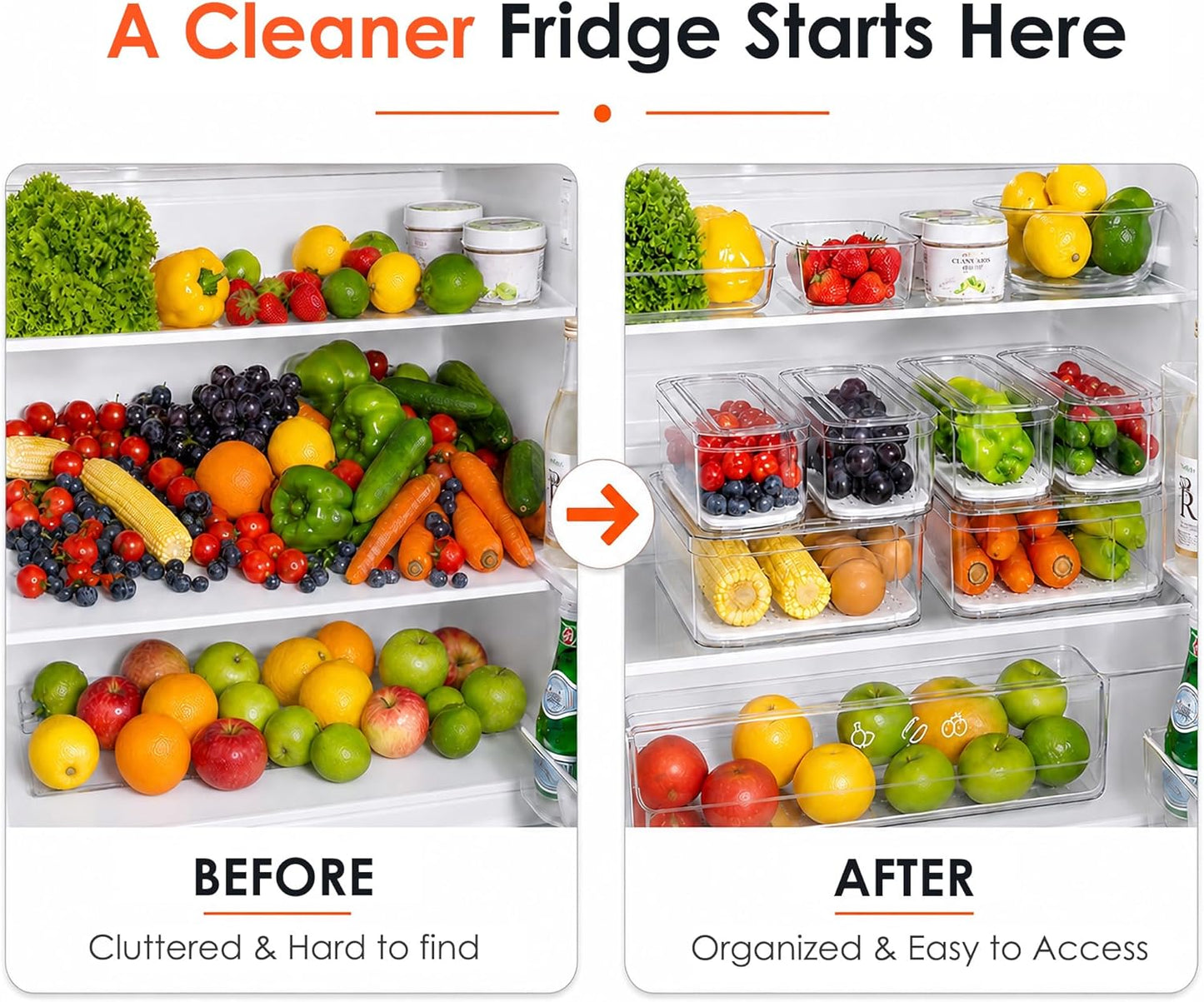 SMRCAD Refrigerator Organizers and Storage, 6 Pack with 1 Pull-Out Drawer and 5 Lidded Bins, Fruit Storage Containers for Fridge with Drain Trays, Helps Keep Produce Fresh