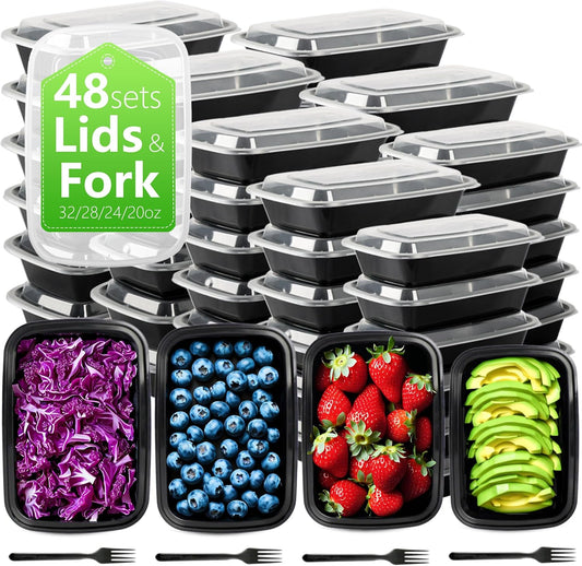 28oz Meal Prep Containers Bulk 48 Set with Forks and Lids - To Go Food Containers 1 Compartment Snack Container Reusable Food Storage Containers, Freezer Safe and Leakproof Plastic Lunch Take Out Box
