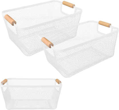 2Pack Metal Mesh Steel Basket with Bamboo Handle - Wire Metal Basket for Kitchen Organization, 12" Wide Food Organizer Bin, Perfect for Organizing Bulk Pantry (WHITE)