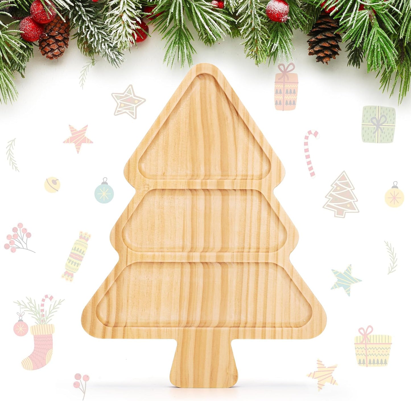 Divided Wood Serving Tray, Rectangular Tray Chip and Dip Platter, Serving Tray with 5 Sections for Appetizers & Snacks, Veggie Platter, Food Trays for Party 12'' x 8.7'' x 0.6''