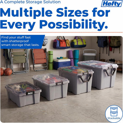 Hefty MAX Pro 12 Gallon Storage Bins with Latching Lids, Heavy Duty Stackable Plastic Storage Containers for Garage, Basement & Outdoor Use, Utility Storage Tote, 6 Pack, Gray