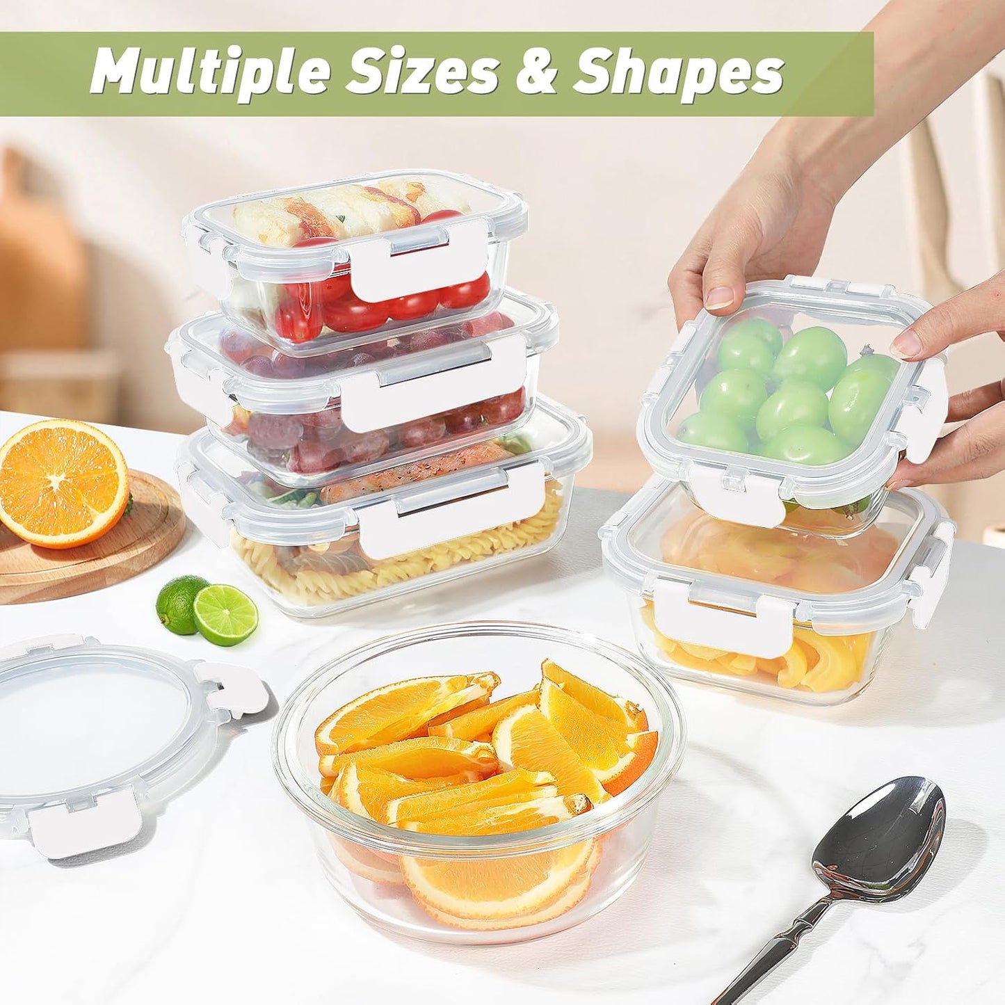 BAYZZ 24 Piece Glass Food Storage Containers with Lids, Airtight Glass Meal Prep Containers for Kitchen, BPA-Free Lunch Box, Microwave and Freezer Safe