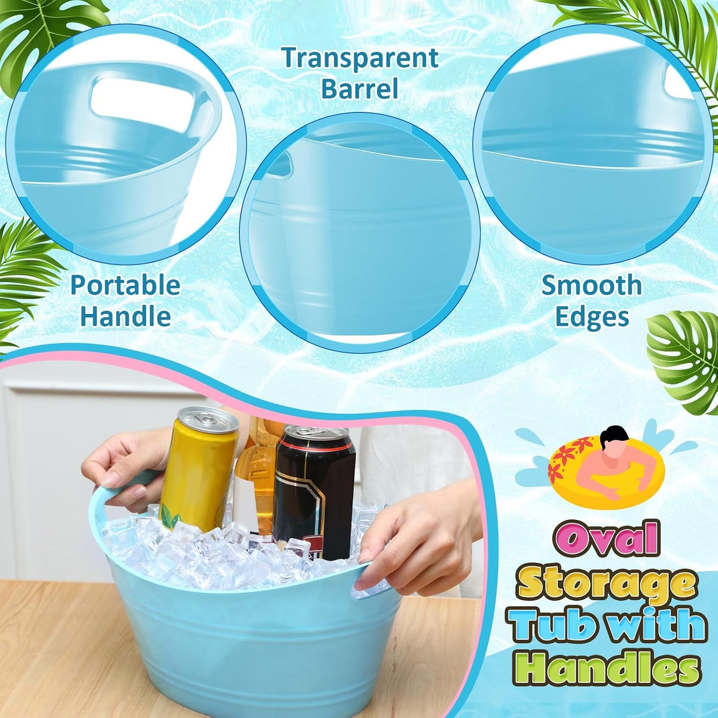 Norme 24 Pcs Oval Storage Tub with Handles, 4.5l Plastic Ice Buckets Bulk for Wine Beer Champagne Drink Cooler Beverage Storage Tub for Parties BBQ Weddings Party Outdoor Celebration(Blue & Red)