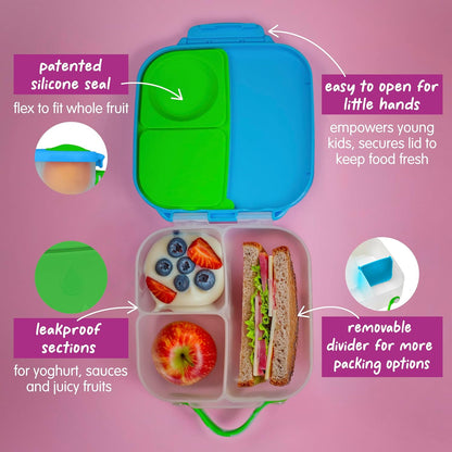 b.box Mini Lunch Box 2-Pack, Leak Proof Bento Box for Kids, 3 Compartment Snack Containers Ages 3+, Lunchbox for Daycare + School, Dishwasher Safe, BPA-Free, PFAS-Free, 4.25 Cup - Blue + Green