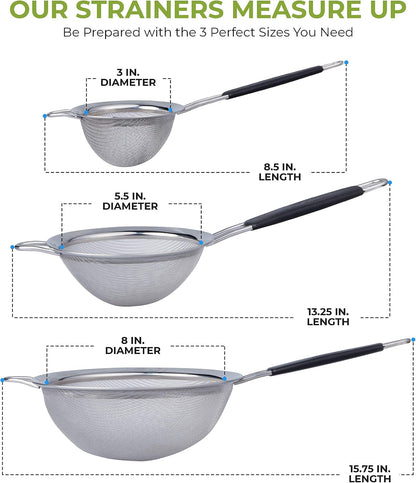 LiveFresh Food Strainer Set - Premium Fine Stainless Steel Fine Mesh Set of Strainers, Colanders and Sifters Crafted for Quinoa and More with Comfortable Non Slip Handles - Set of 3