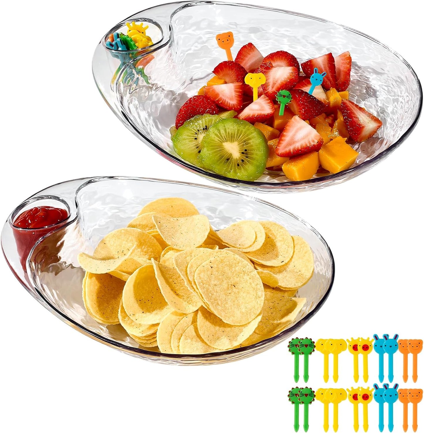 Clear Chip and Dip Serving Platter Set, 2 Pcs Fruit Plates Divided Party Trays 10'' x 8.7'' Snack Bowl Dishes, Wine Dine Appetizer Plates, Reusable BPA-free Plastic Dumpling Plate with Sauce Holder