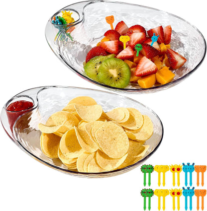 Clear Chip and Dip Serving Platter Set, 2 Pcs Fruit Plates Divided Party Trays 10'' x 8.7'' Snack Bowl Dishes, Wine Dine Appetizer Plates, Reusable BPA-free Plastic Dumpling Plate with Sauce Holder