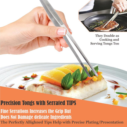 6 Inch Professional Culinary Stainless Steel Precision Tongs with Serrated Tips, Plating/Food Presentation Detailing Serving Tongs, Chef's Kitchen Tweezer Tongs - Ultra Non-Slip Grip