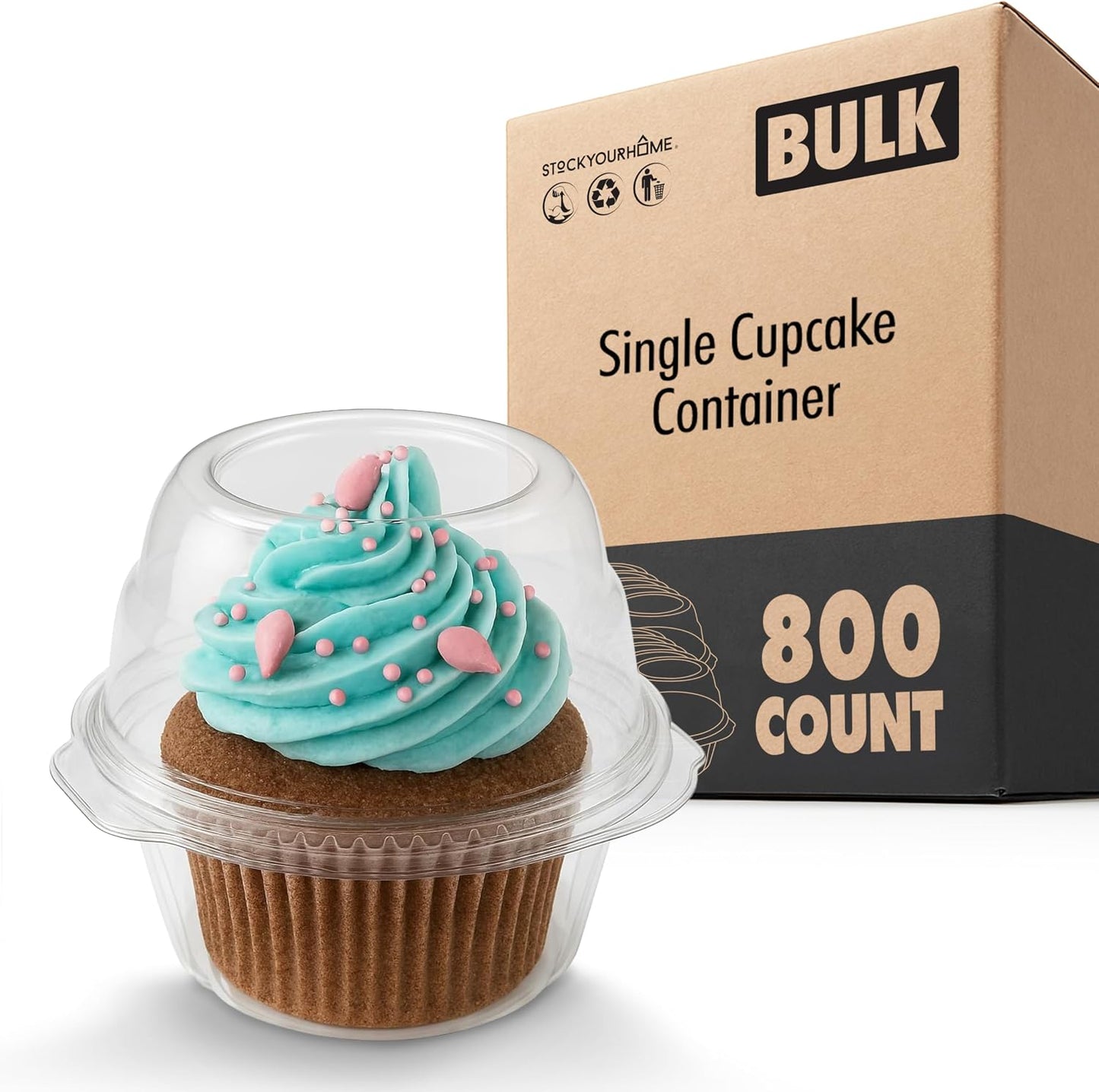 Stock Your Home Individual Plastic Cupcake Containers Disposable with Connected Airtight Dome Lid (100 Count) Clear Single Cupcake Container, BPA Free