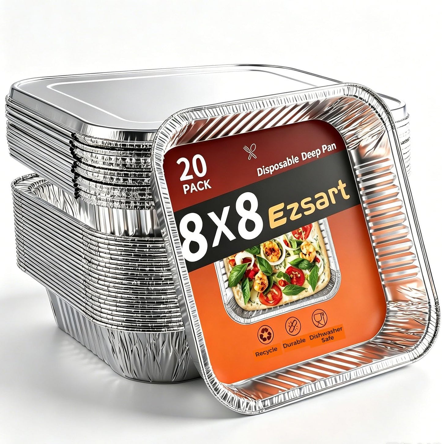 8x8 Aluminum Pans - 20 Pack Disposable Foil Pans, Heavy Duty Square Aluminum Baking & Roasting Trays for Meal Prep, Food Storage, Heating & Party Serving